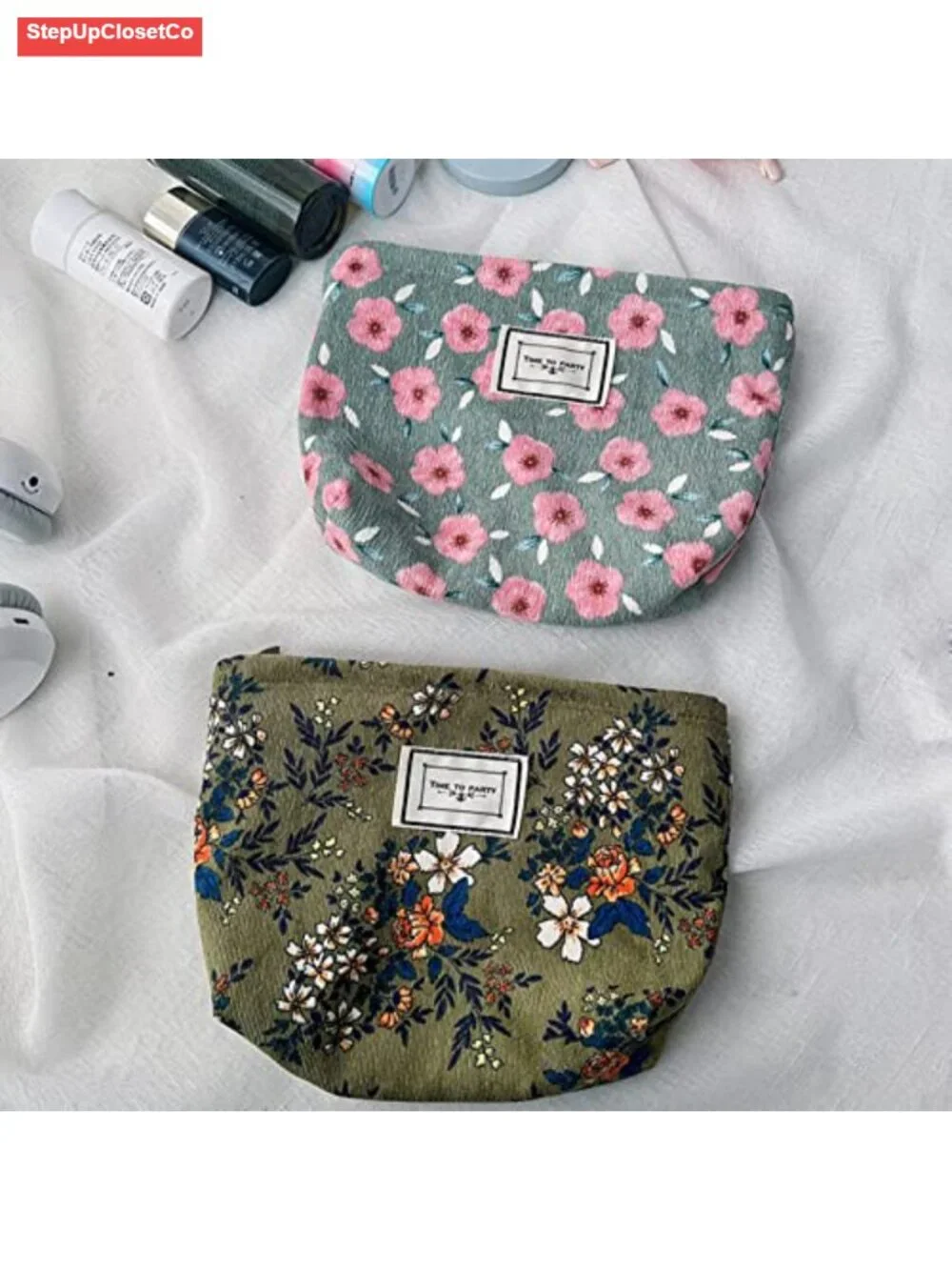 Vintage Corduroy Flower Cosmetic Bag, Portable Travel Makeup Pouch Purse